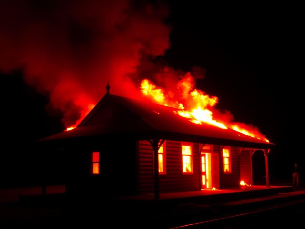 The depot ablaze in the early morning hours of June 13, 2008
